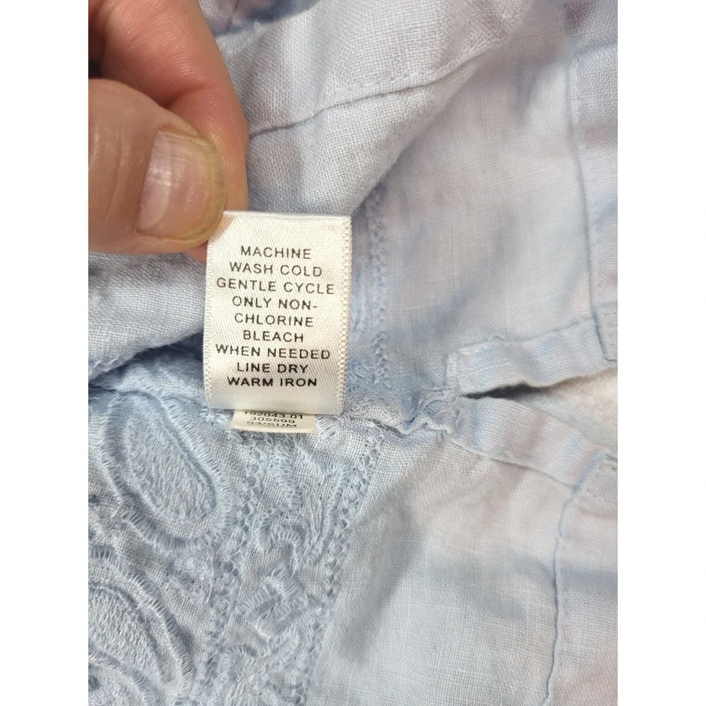 Banana Republic Mens Linen XL Light Blue Short Sleeve‎ Embroidered Hem Shirt